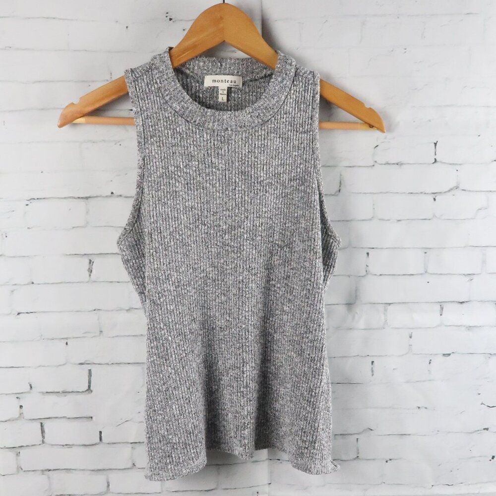 MONTEAU BLACK & WHITE RIBBED KNIT CREW NECK SLEEVELESS CROP TOP SIZE LARGE